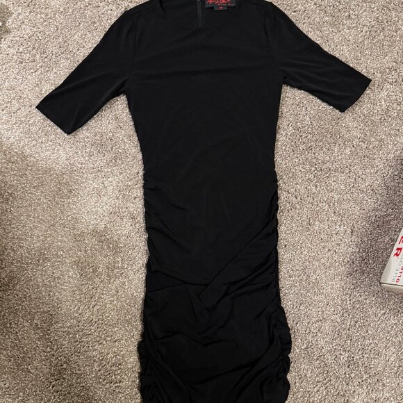 ALICE + OLIVIA AIR Ruched Half Sleeve Little Black Dress - Picture 4 of 9